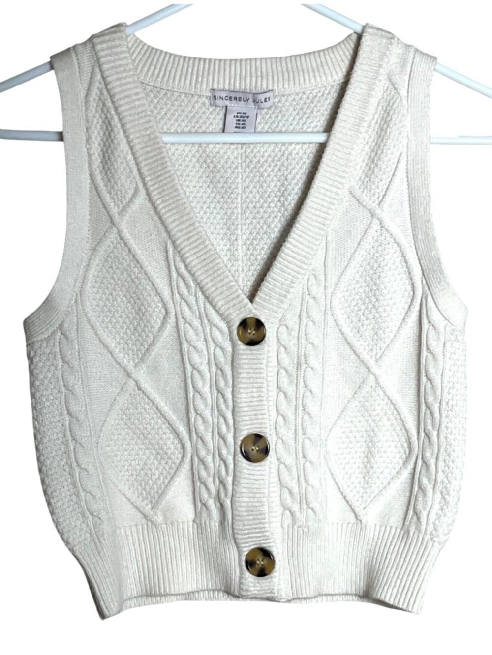 Preppy Ivory Sweater Vest Button Textured Cable Knit Academia Layering Women XS